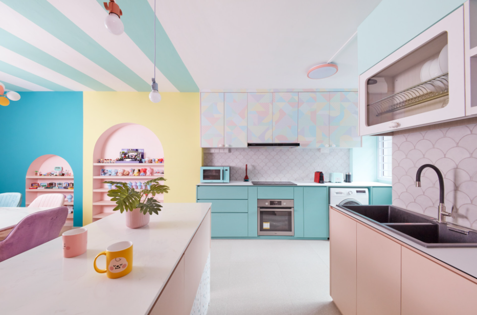 Phối hợp gam màu pastel kết nối không gian và tăng cảm giác thoáng rộng cho căn bếp. (Nguồn: Sưu tầm)