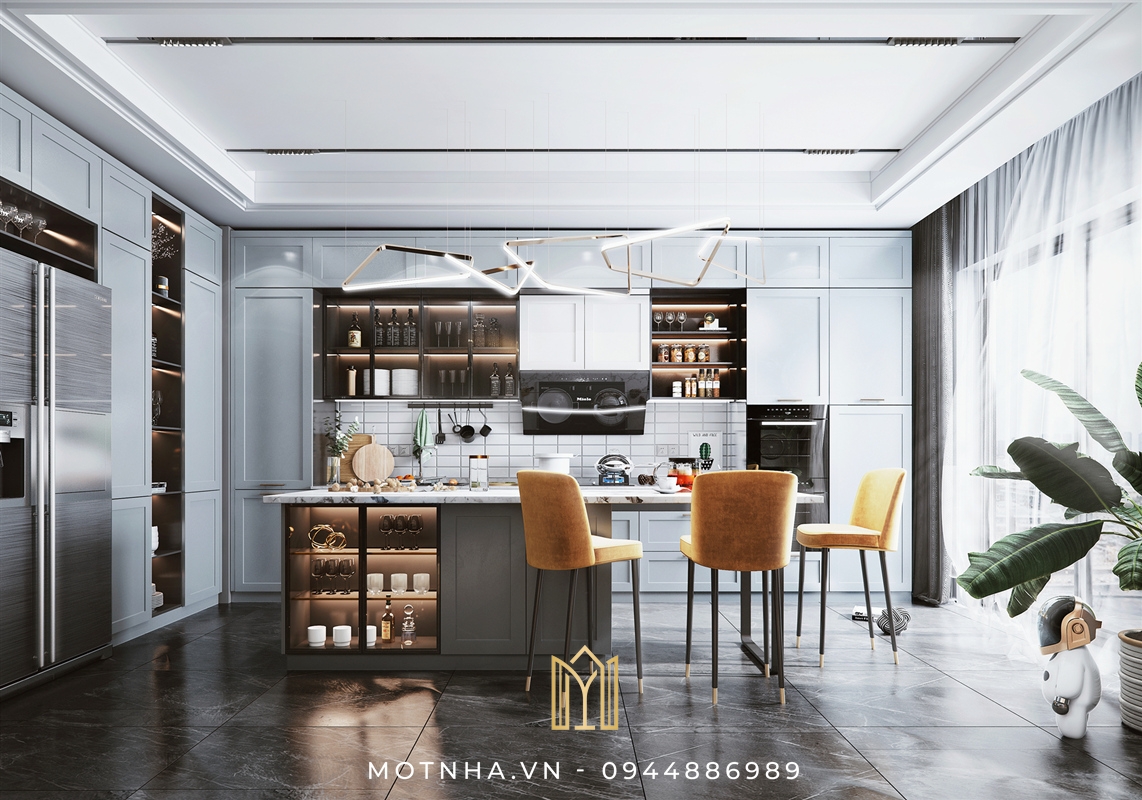 Đèn LED với thiết kế hiện đại giúp tôn lên vẻ đẹp của phòng bếp.