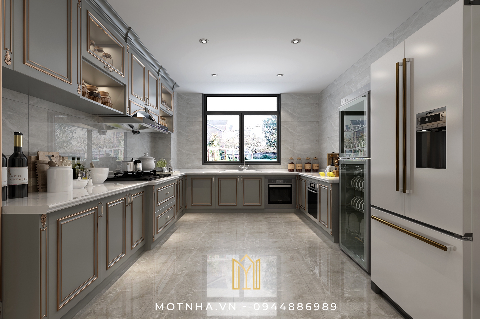 Thiết kế bếp chữ U phù hợp để người nội trợ dễ dàng thao tác nấu nướng với không gian rộng rãi.