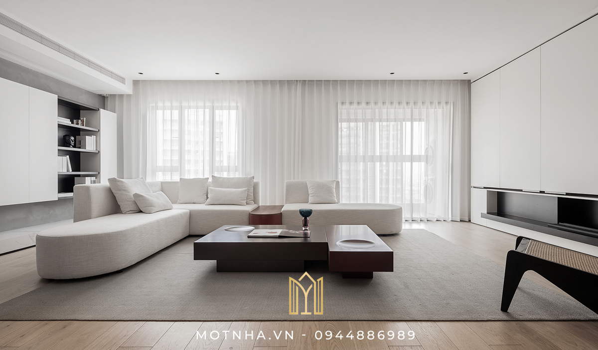 thiết kế nội thất phòng khách tông màu trắng