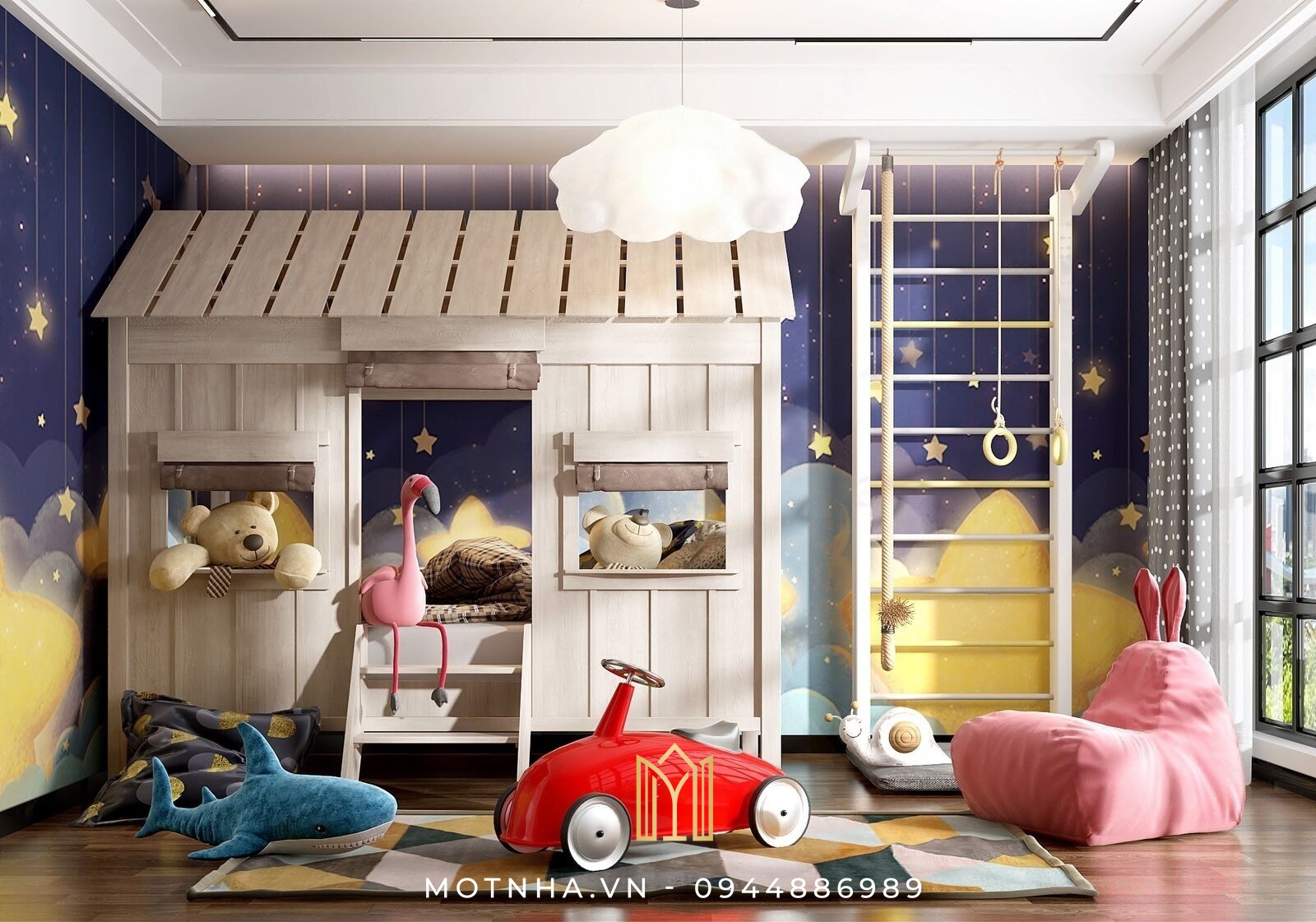 Chiếc giường hình ngôi nhà làm nổi bật không gian phòng ngủ