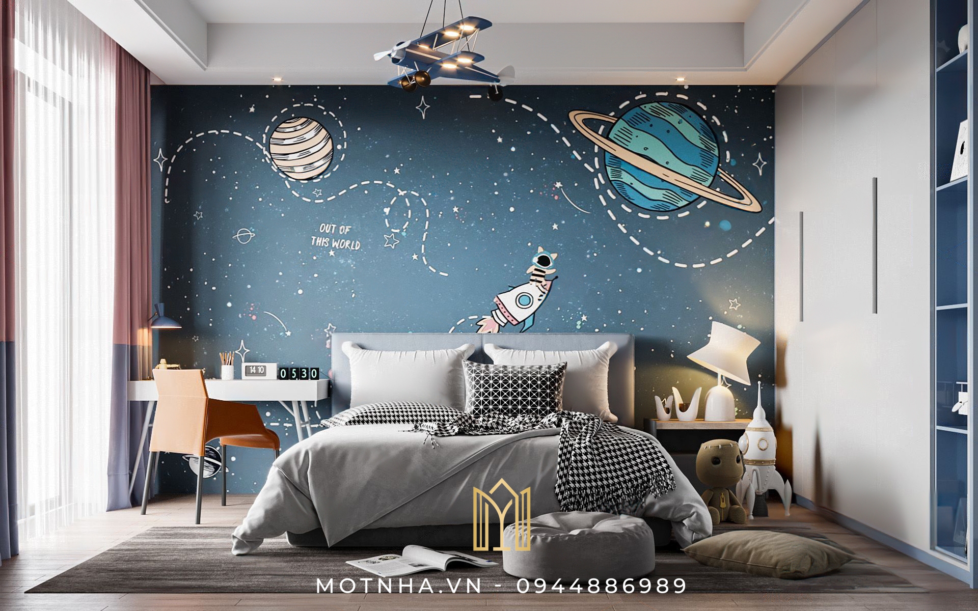 Các món đồ trang trí kết hợp cùng với giấy dán tường theo chủ đề