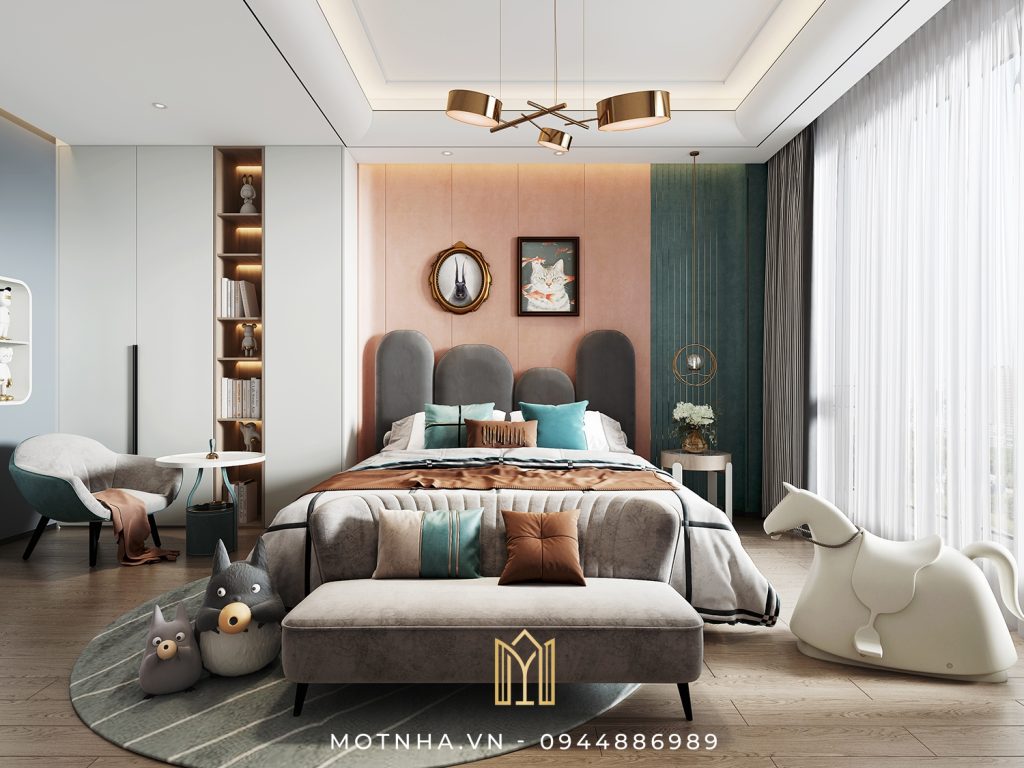 Màu sắc được kết hợp hài hoà trong không gian phòng ngủ của bé trai