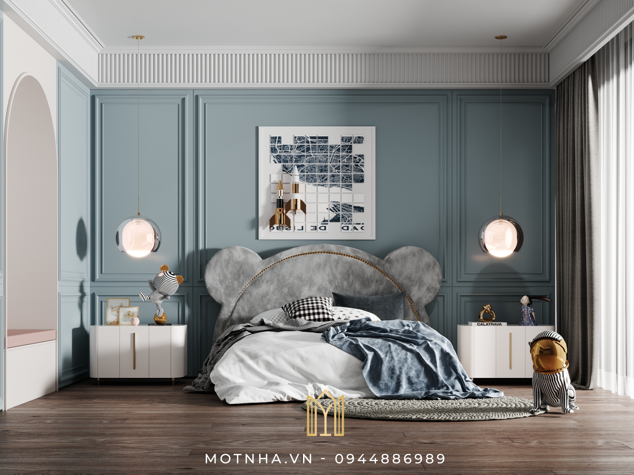Phòng ngủ bé trai được đặt những chiếc giường với hình thù ngộ nghĩnh
