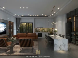Thiết kế bếp mở với đảo đa năng không chỉ tối ưu về công năng mà còn là trung tâm kết nối các thành viên trong gia đình.