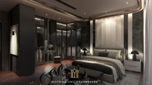 Phòng ngủ master xứng tầm một không gian nghỉ dưỡng 5 sao, nơi mọi chi tiết đều được chăm chút để mang lại sự thoải mái tuyệt đối.