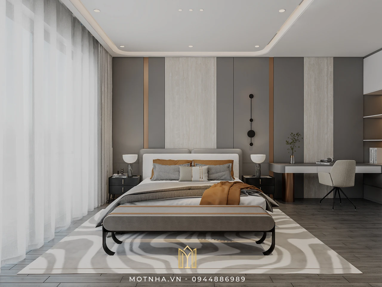 Phòng ngủ master được thiết kế với tông màu trung tính và vật liệu ấm áp, mang lại một không gian nghỉ ngơi yên tĩnh và thư thái.