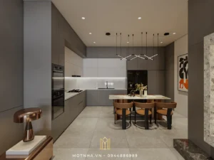 Khu vực bếp và bàn ăn được bố trí khoa học, đề cao sự gọn gàng và tiện nghi trong quá trình sử dụng.