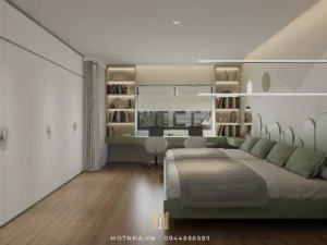 Phòng ngủ đôi cho hai bé gái được thiết kế thông minh, vừa đảm bảo tính thẩm mỹ, vừa tối ưu công năng cho việc học tập và vui chơi.
