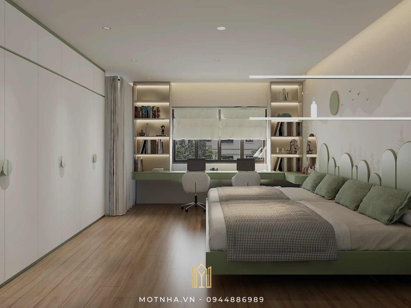 Phòng ngủ đôi cho hai bé gái được thiết kế thông minh, vừa đảm bảo tính thẩm mỹ, vừa tối ưu công năng cho việc học tập và vui chơi.