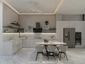 Khu vực bếp và bàn ăn được thiết kế liền mạch, ưu tiên sự tiện nghi và gọn gàng, đáp ứng tối đa nhu cầu sử dụng hàng ngày.