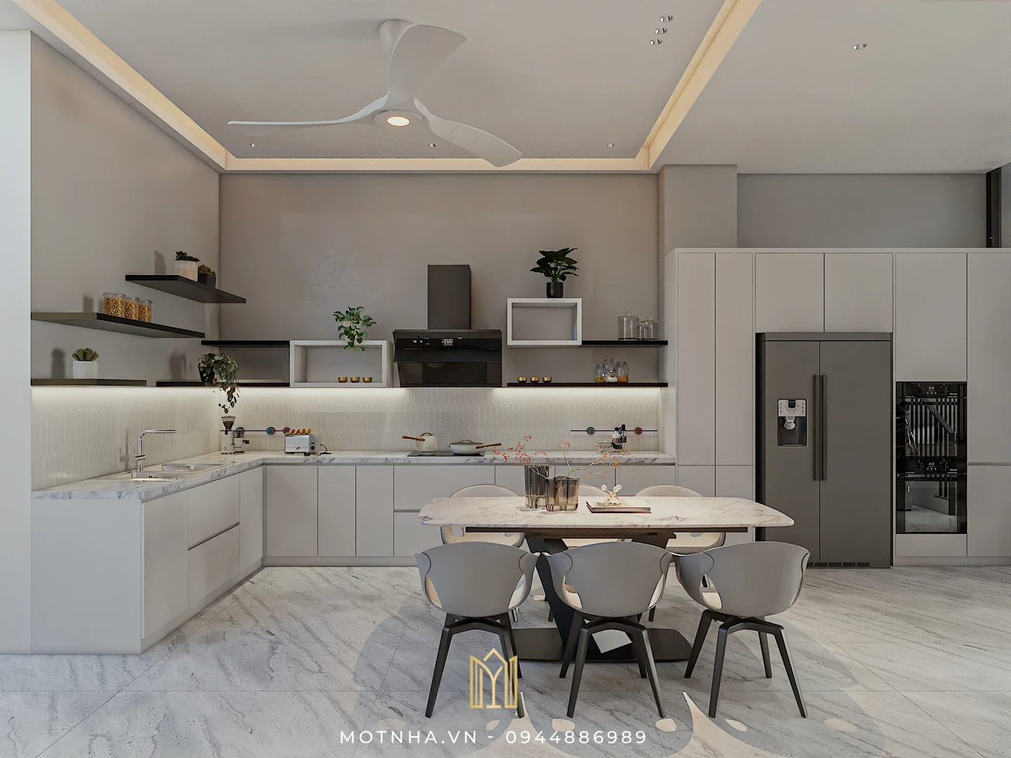 Khu vực bếp và bàn ăn được thiết kế liền mạch, ưu tiên sự tiện nghi và gọn gàng, đáp ứng tối đa nhu cầu sử dụng hàng ngày.
