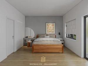 Phòng ngủ master sử dụng vật liệu gỗ tự nhiên kết hợp với gỗ công nghiệp, mang lại cảm giác ấm cúng và thư thái.