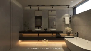 Phòng tắm hiện đại sử dụng vật liệu chống ẩm, thiết kế tiện nghi như một khách sạn cao cấp