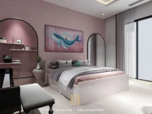Phòng ngủ con gái nhẹ nhàng với tone hồng pastel – không gian khơi gợi sự sáng tạo và mơ mộng.