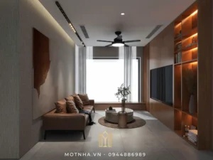 Sự phối hợp khéo léo giữa gỗ, da, kim loại và kính tạo nên một tổng thể hiện đại nhưng vẫn ấm cúng và sang trọng.