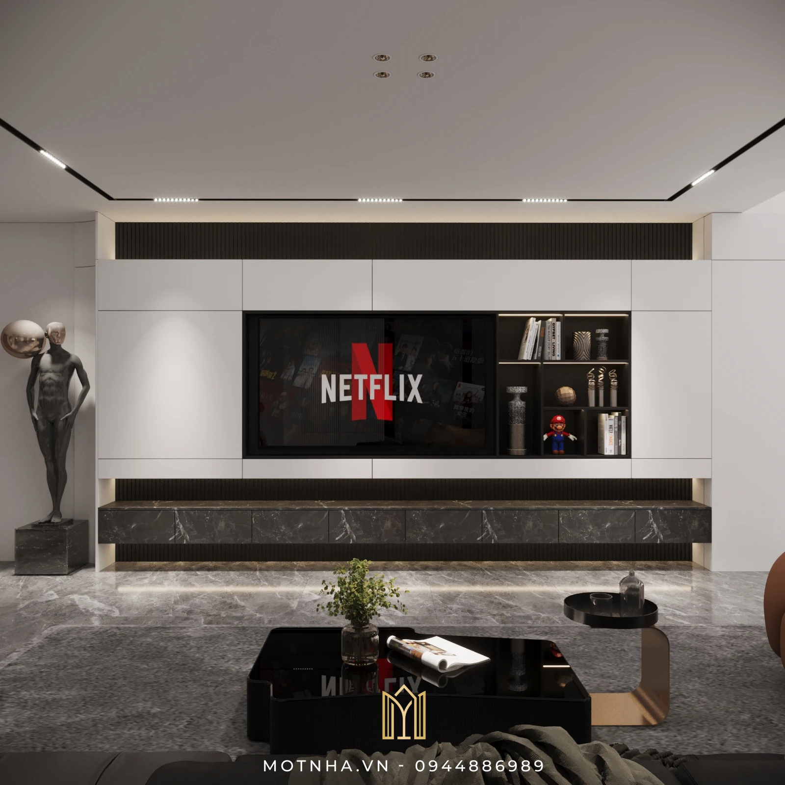 Dự án thiết kế kiến trúc và nội thất nhà phố 3 tầng 63m2 tại TP Sơn La Kệ tivi âm tường hiện đại – vừa là không gian giải trí, vừa là điểm nhấn decor tinh tế.