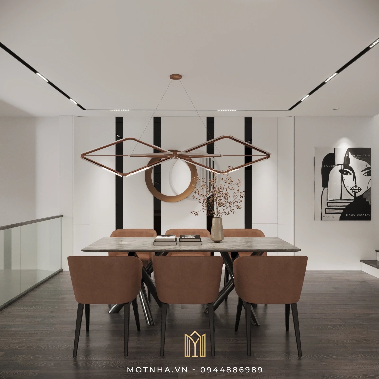 Dự án thiết kế kiến trúc và nội thất nhà phố 3 tầng 63m2 tại TP Sơn La Đèn thả kim loại và mảng gương decor giúp không gian ăn uống sinh động và có chiều sâu.