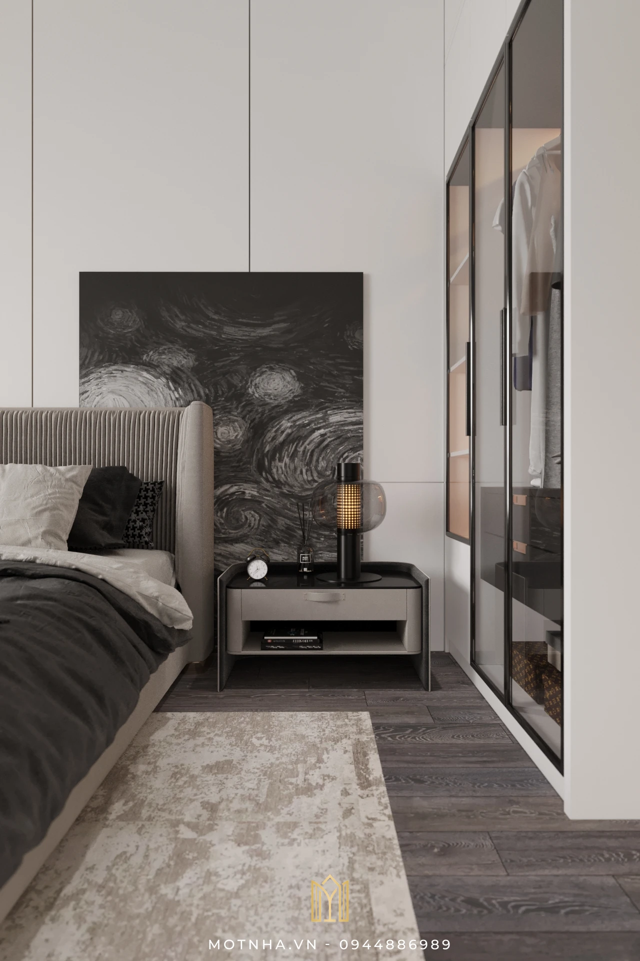 Dự án thiết kế kiến trúc và nội thất nhà phố 3 tầng 63m2 tại TP Sơn La Giường bọc nỉ, tab gọn gàng, sàn gỗ nâu xám – tổng thể tạo nên sự thư giãn tối đa.