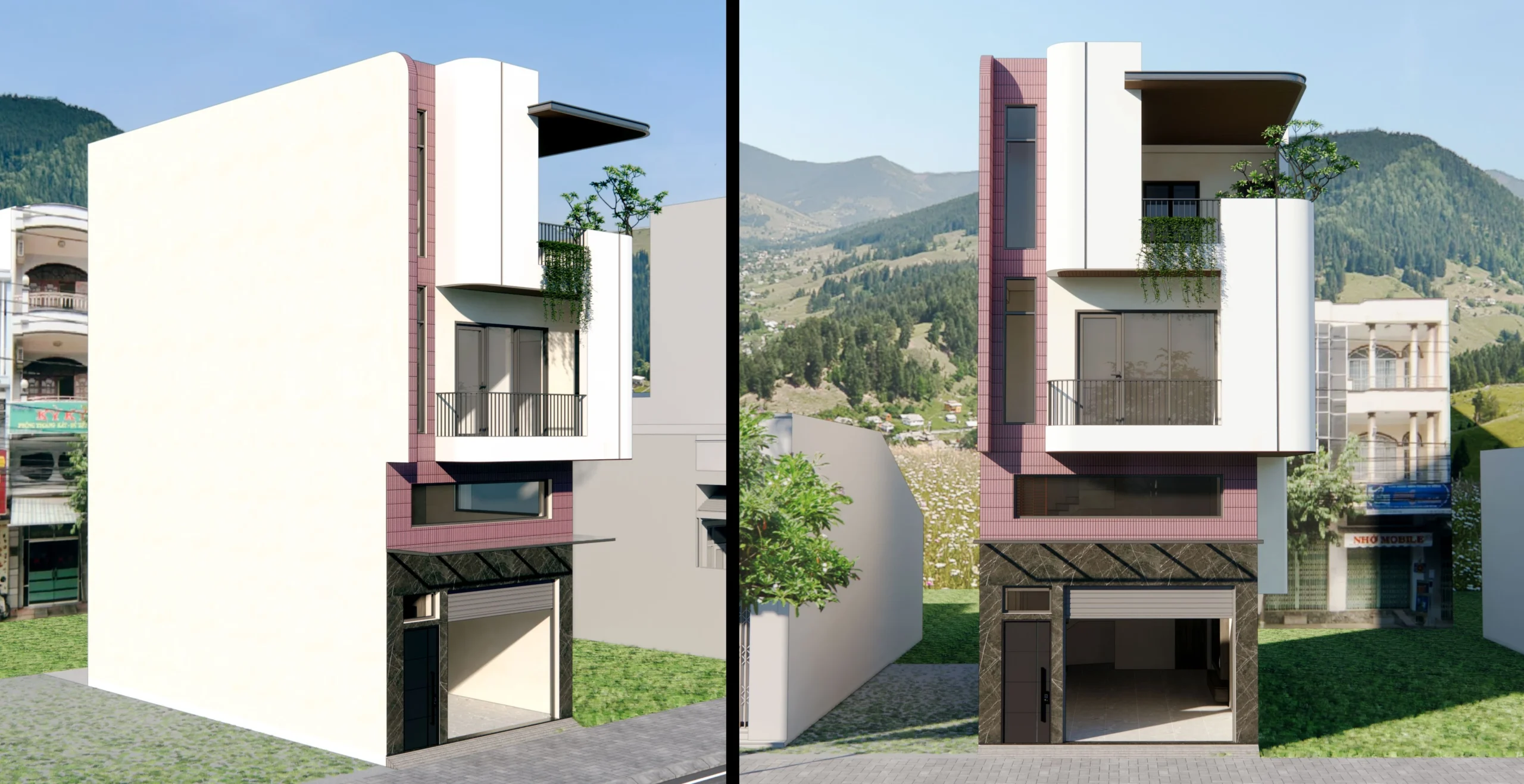 Dự án thiết kế kiến trúc và nội thất nhà phố 3 tầng 63m2 tại TP Sơn La Thiết kế mặt tiền hiện đại, trẻ trung nhưng vẫn hòa nhịp với cảnh quan phố thị.