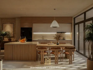 Thiết kế bếp và bàn ăn liền mạch, tích hợp công năng trong một diện tích nhỏ, giúp tiết kiệm không gian mà vẫn tiện nghi.