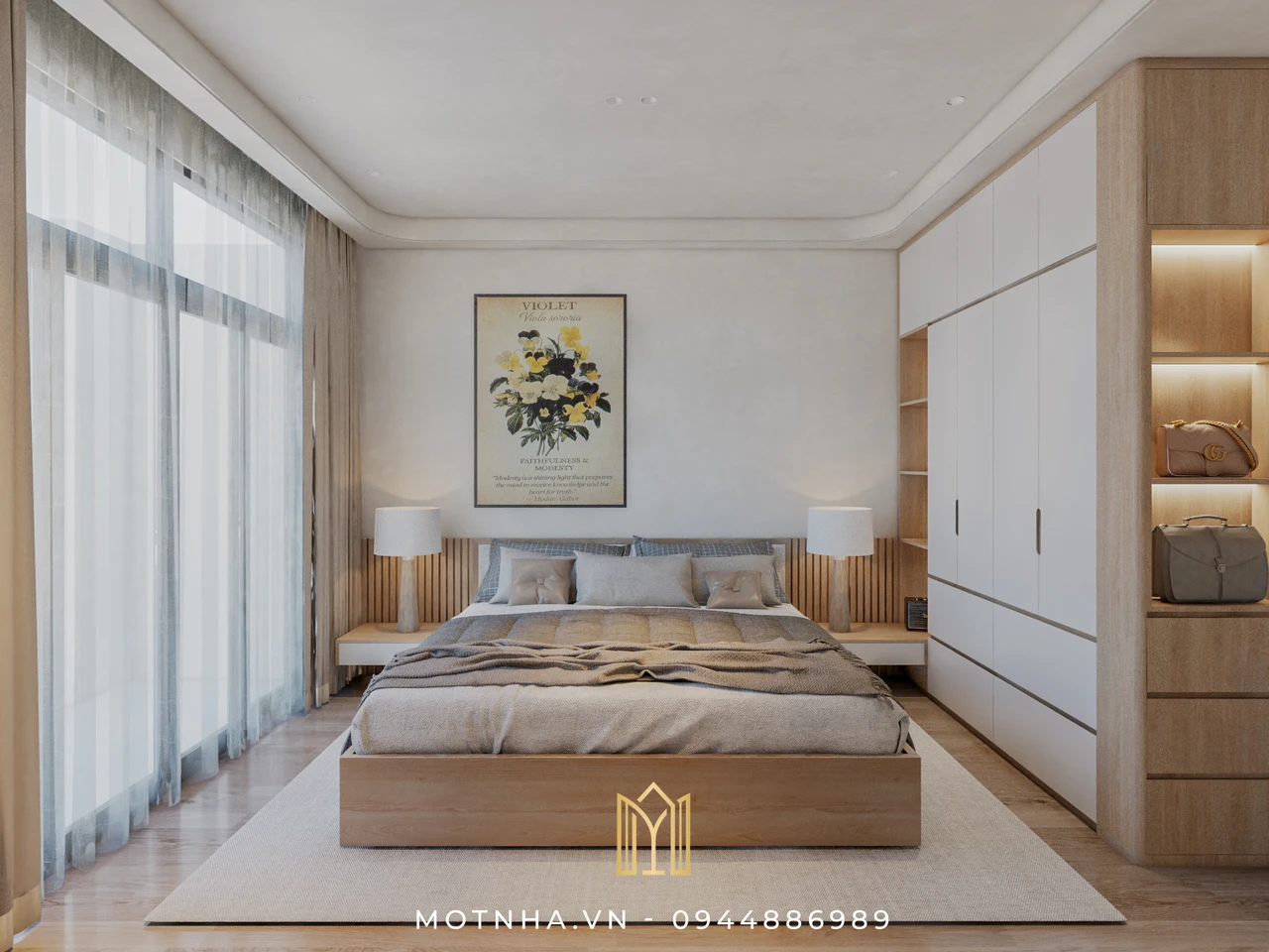 Dự án thiết kế nội thất nhà phố 67m2 KTH tại TP Sơn La Phòng ngủ master với gam màu dịu nhẹ và vật liệu tự nhiên, đem lại cảm giác yên bình và thư thái sau mỗi ngày dài.