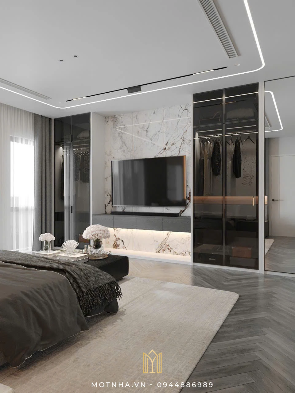 Dự án thiết kế nội thất biệt thự 08 tại KĐT Shining City - TP Sơn La Hệ tủ quần áo kịch trần cánh kính – tối ưu diện tích mà vẫn đậm chất hiện đại.”