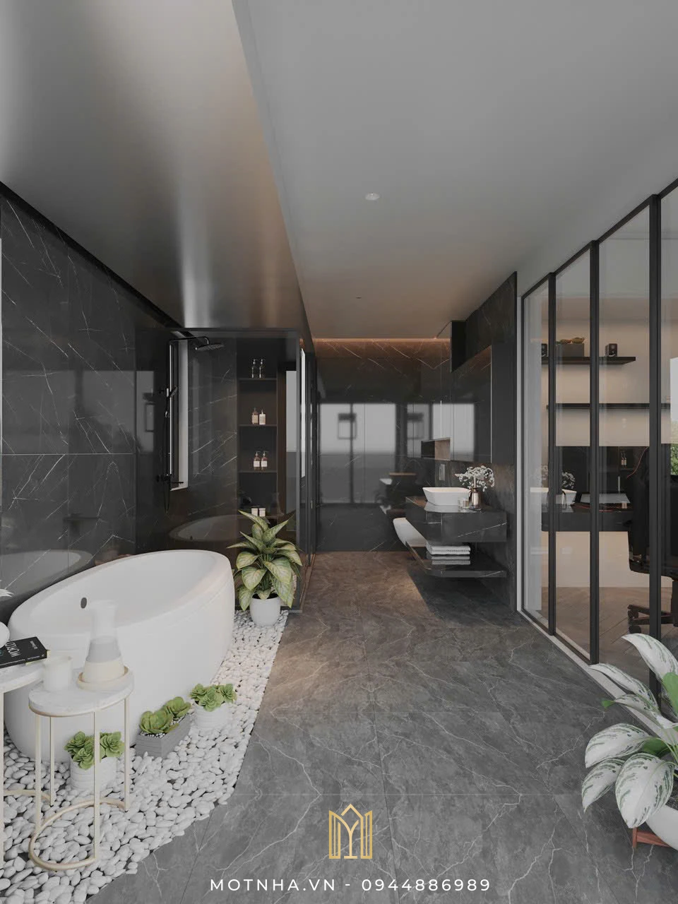 Dự án thiết kế nội thất biệt thự 08 tại KĐT Shining City - TP Sơn La Không gian thư giãn với sự kết hợp giữa đá, cây xanh và ánh sáng mềm.