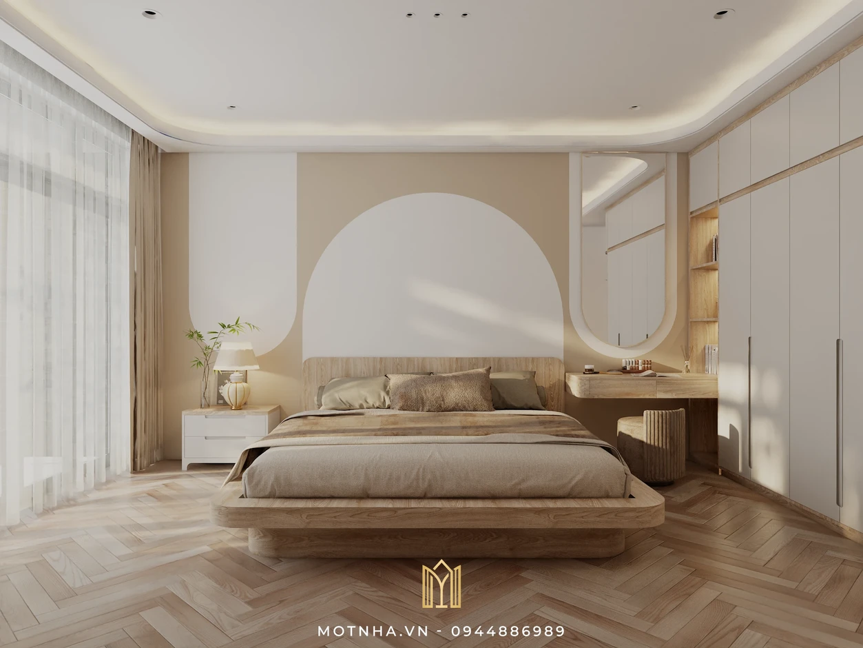Dự án thiết kế nội thất nhà phố 2 tầng HLH tại TP Sơn La Không gian ngủ thiết kế tối giản, điểm nhấn là mảng tường vòm cong sơn 2 tone kết hợp giường gỗ thấp.