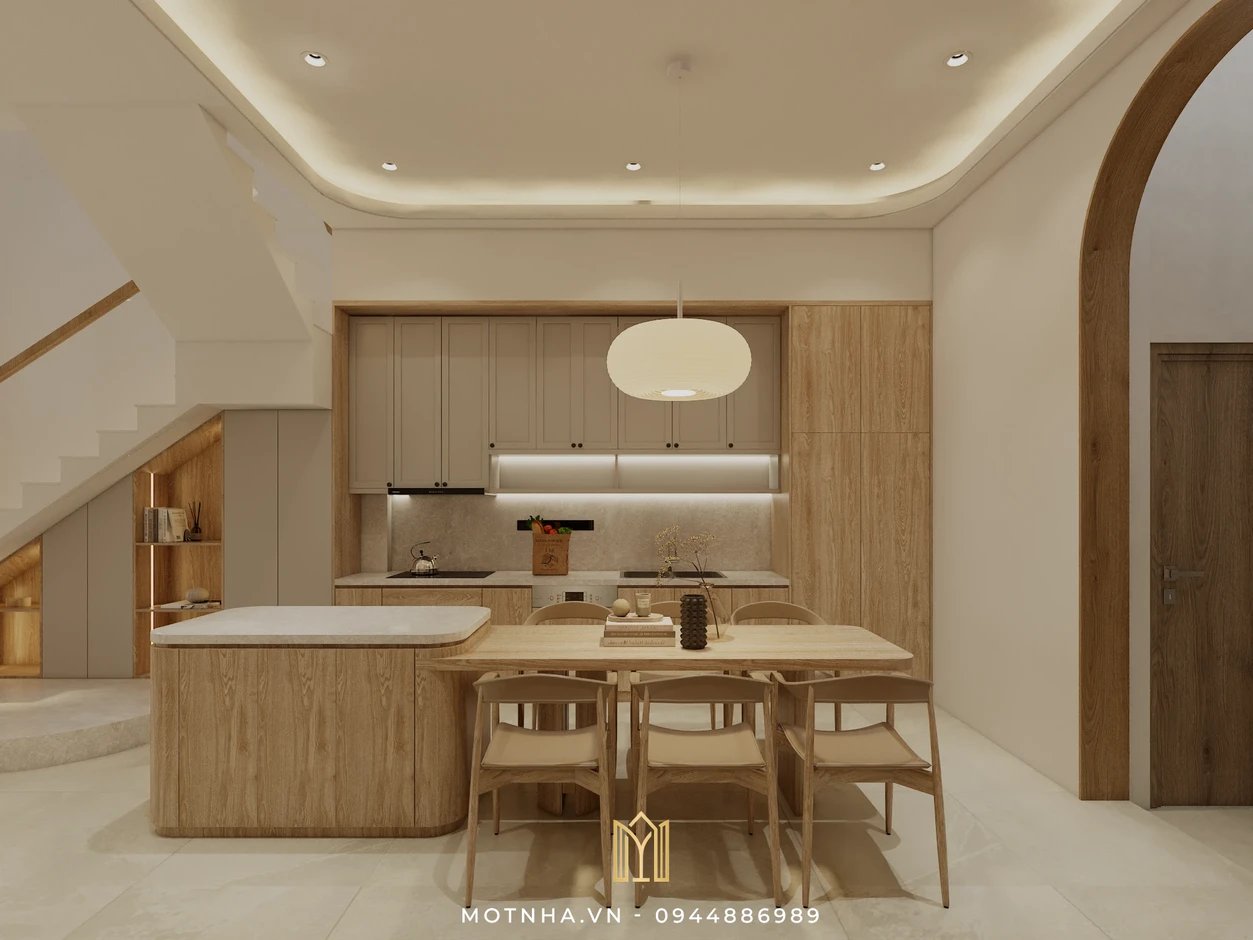 Dự án thiết kế nội thất nhà phố 2 tầng HLH tại TP Sơn La Bàn ăn thiết kế từ gỗ tự nhiên, phối cùng ghế uốn cong và đèn thả tròn, tạo nên không gian ấm cúng, gần gũi.