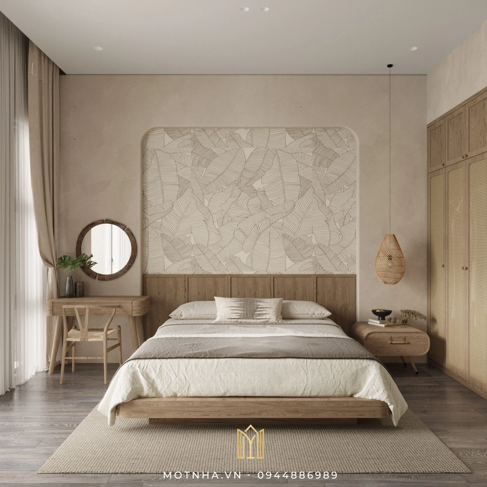 Dự án thiết kế nội thất nhà phố 3 tầng 65m2 tại TP Sơn La Không gian phòng ngủ master với giường và đầu giường bằng gỗ công nghiệp cao cấp.