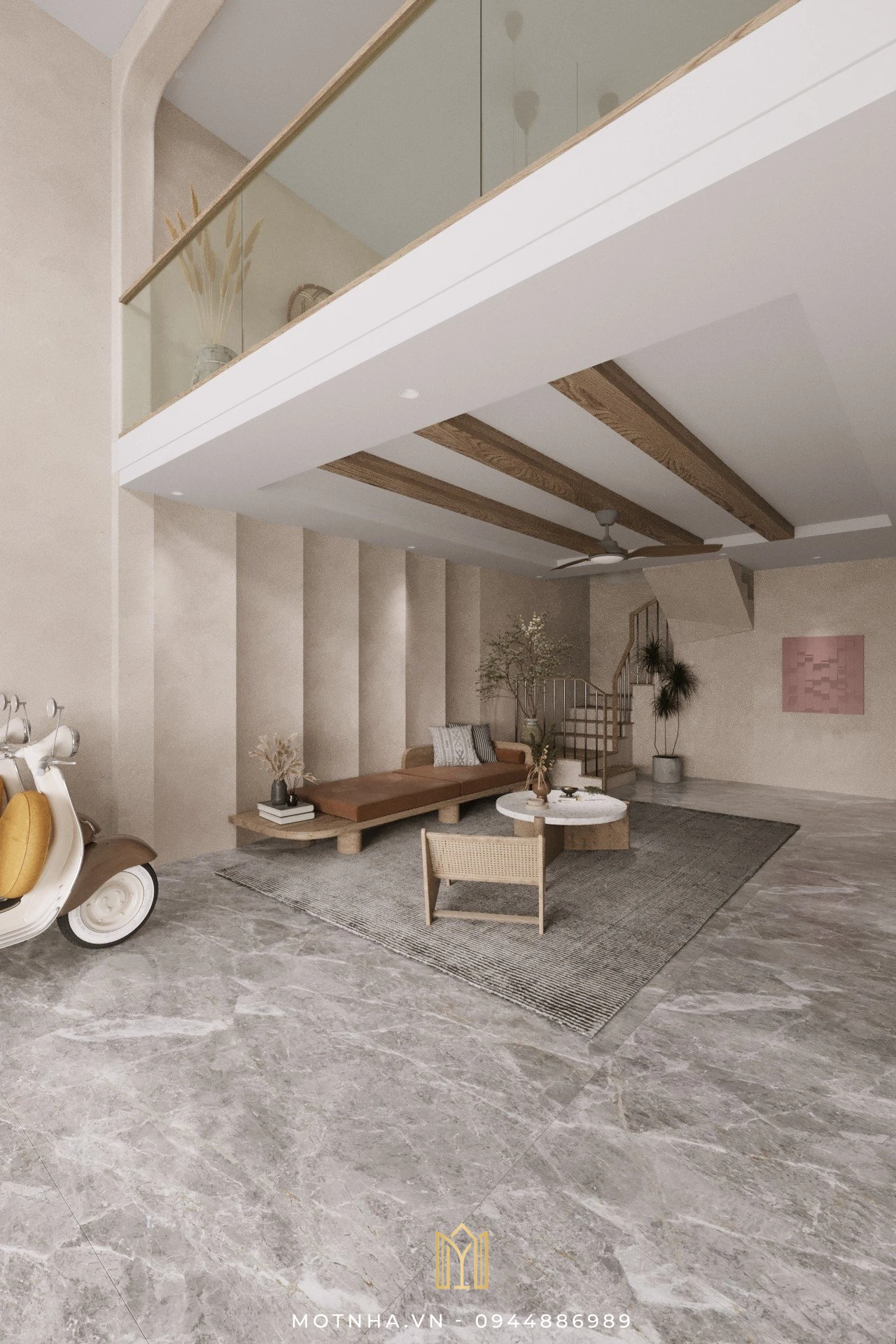 Dự án thiết kế nội thất nhà phố 3 tầng 65m2 tại TP Sơn La Góc nhìn tổng thể phòng khách kết hợp gara – gọn gàng và tinh tế.