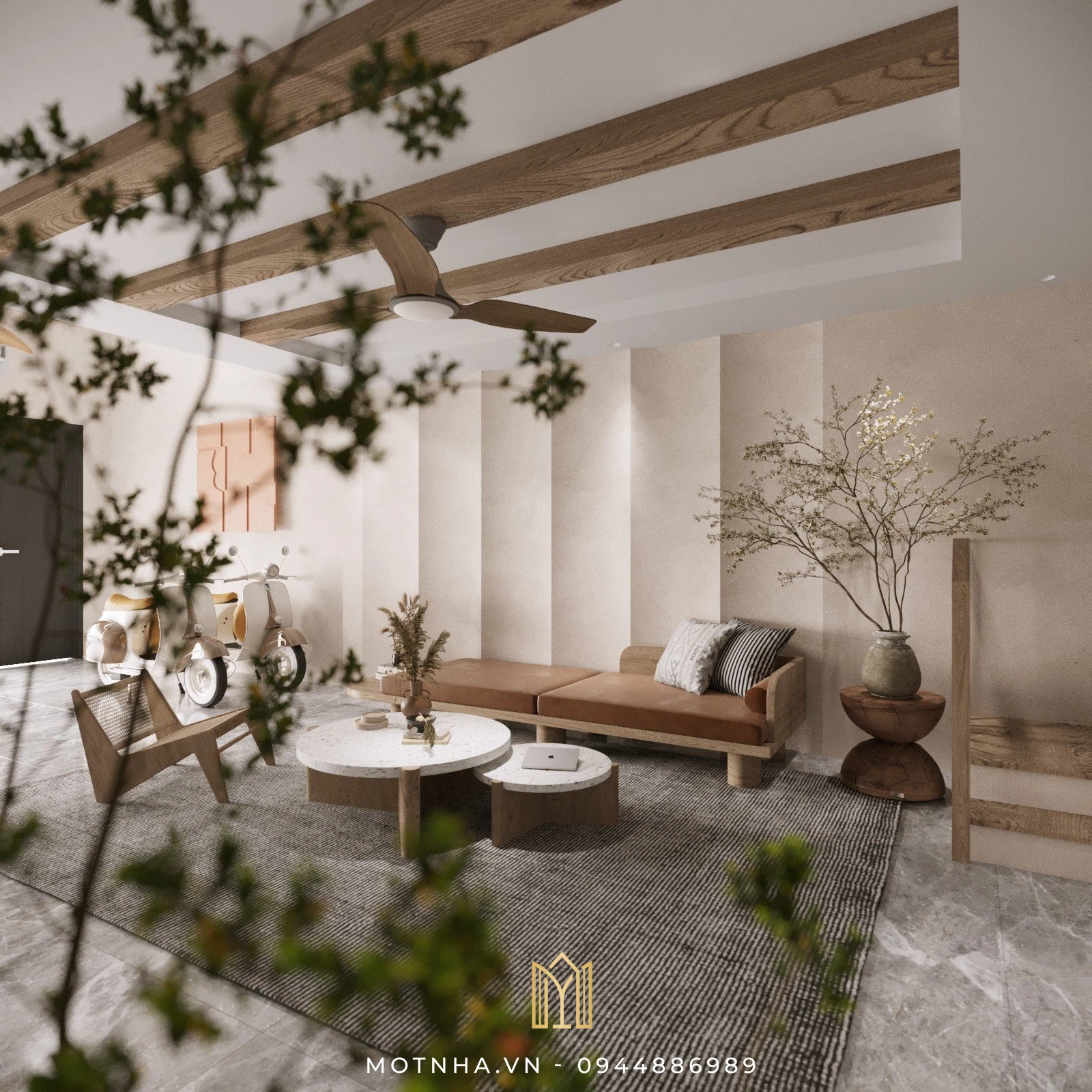Dự án thiết kế nội thất nhà phố 3 tầng 65m2 tại TP Sơn La Sofa dài, kệ tivi âm tường, decor tranh và cây xanh nhỏ – đủ công năng và thẩm mỹ.