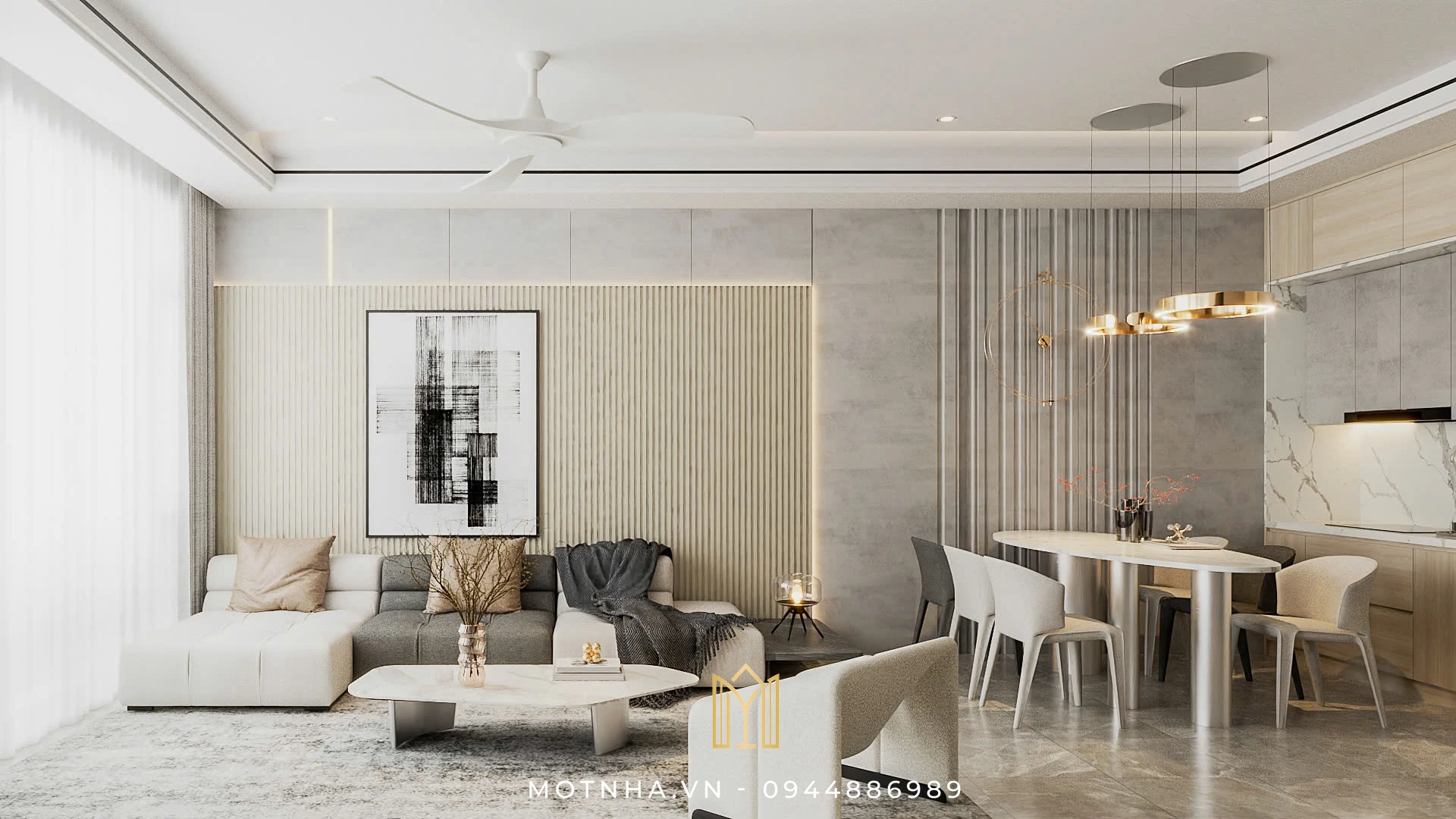 Phòng khách sử dụng bộ sofa chữ L phối da và nỉ, bàn trà đá trắng vân mây, đèn decor vàng đồng tạo điểm nhấn sang trọng.