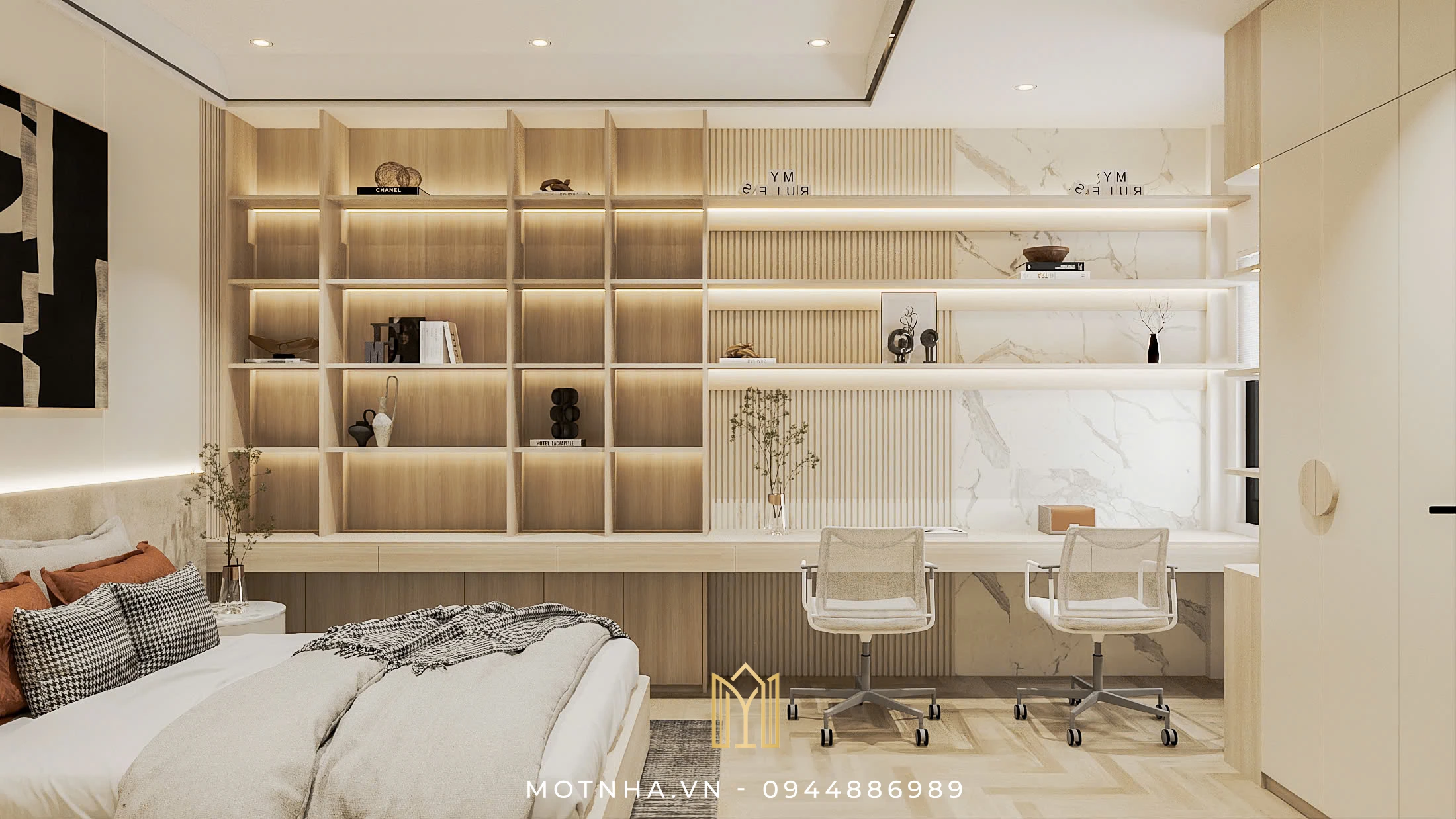 Kệ sách thiết kế hiện đại, ánh sáng LED hắt giúp tạo cảm giác dễ chịu khi làm việc.