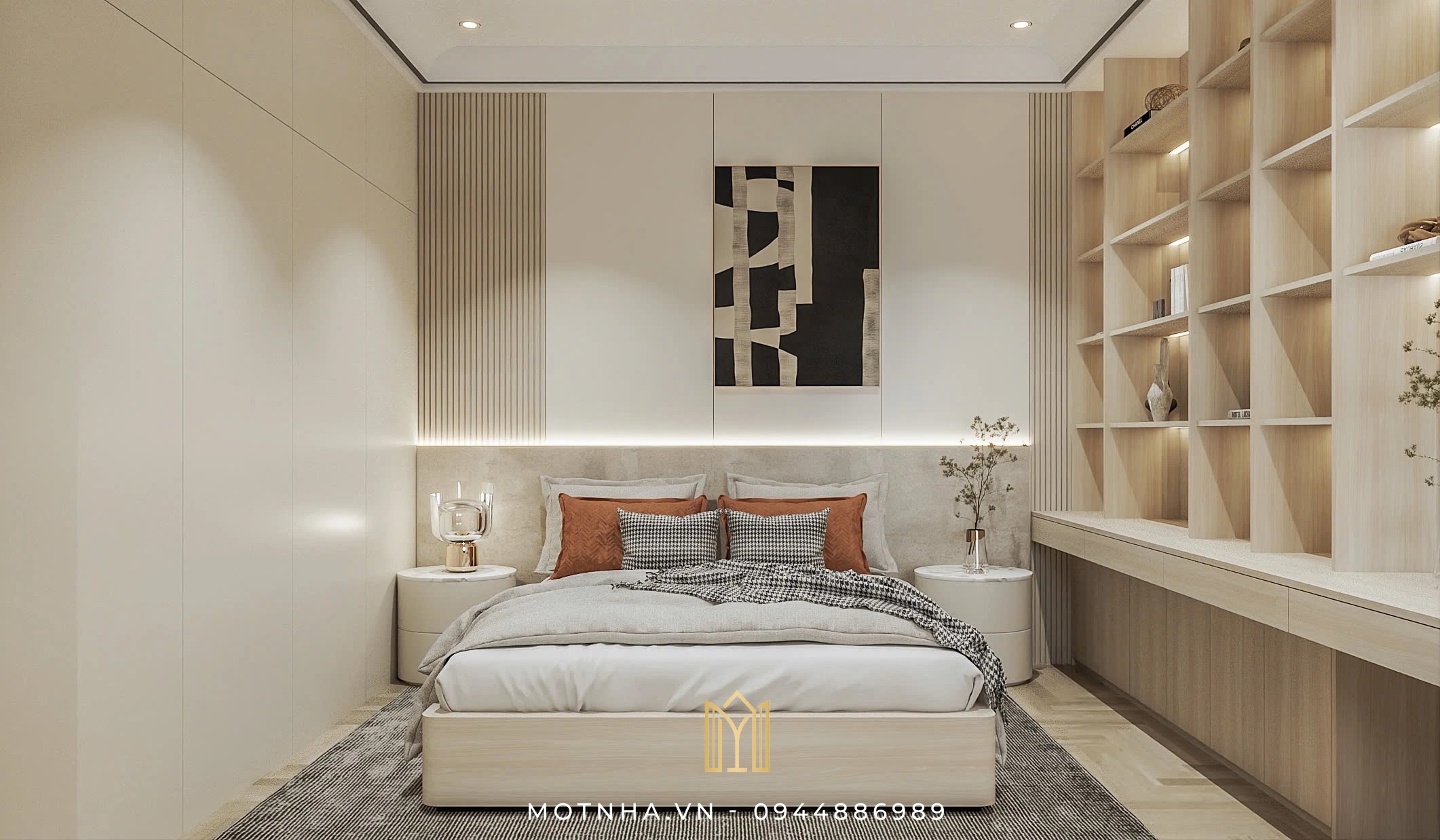 Phòng ngủ nhỏ sử dụng gam màu be sáng, kết hợp điểm nhấn từ gối và decor màu cam đất giúp không gian ấm áp.