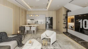 Tủ bếp thiết kế kịch trần, sử dụng vật liệu MDF phủ Melamine vân gỗ sáng, kết hợp mặt đá trắng vân mây chống bám bẩn.