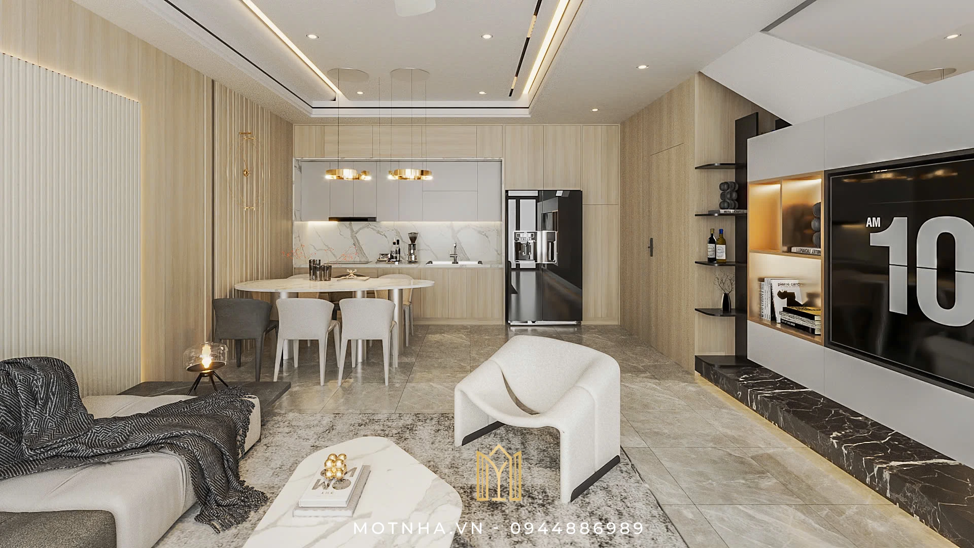 Tủ bếp thiết kế kịch trần, sử dụng vật liệu MDF phủ Melamine vân gỗ sáng, kết hợp mặt đá trắng vân mây chống bám bẩn.