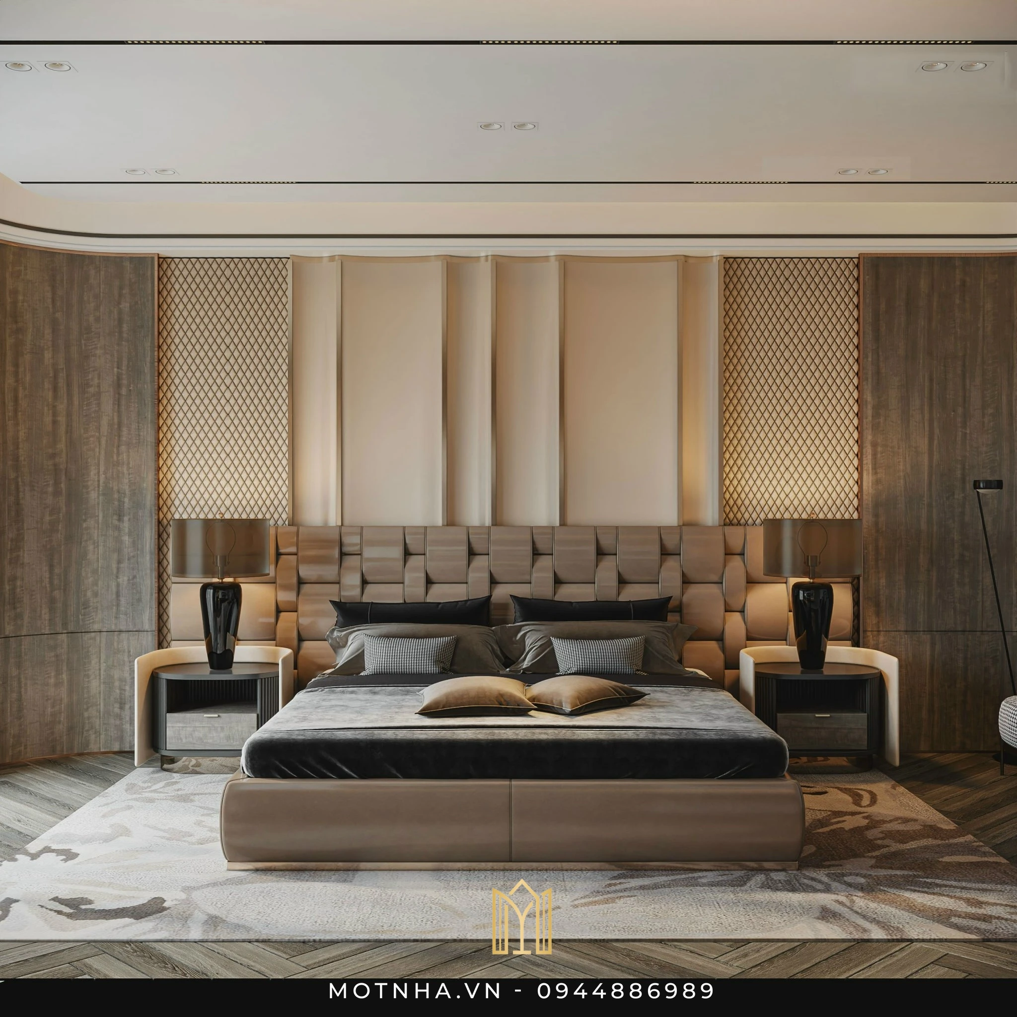 Dự án thiết kế và thi công hoàn thiện nhà phố 3 tầng TVH tại KĐT Vincom - TP Sơn La Phòng ngủ master được thiết kế theo phong cách hiện đại – luxury với điểm nhấn là đầu giường bọc nệm 3D kết hợp hệ vách ốp nan gỗ và da, mang lại cảm giác sang trọng và ấm cúng. Hệ đèn đầu giường tông đen đồng điệu với tổng thể giúp không gian thêm phần đẳng cấp.