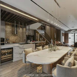 Không gian bếp khô kết hợp bàn ăn với đá marble mang lại cảm giác sang trọng