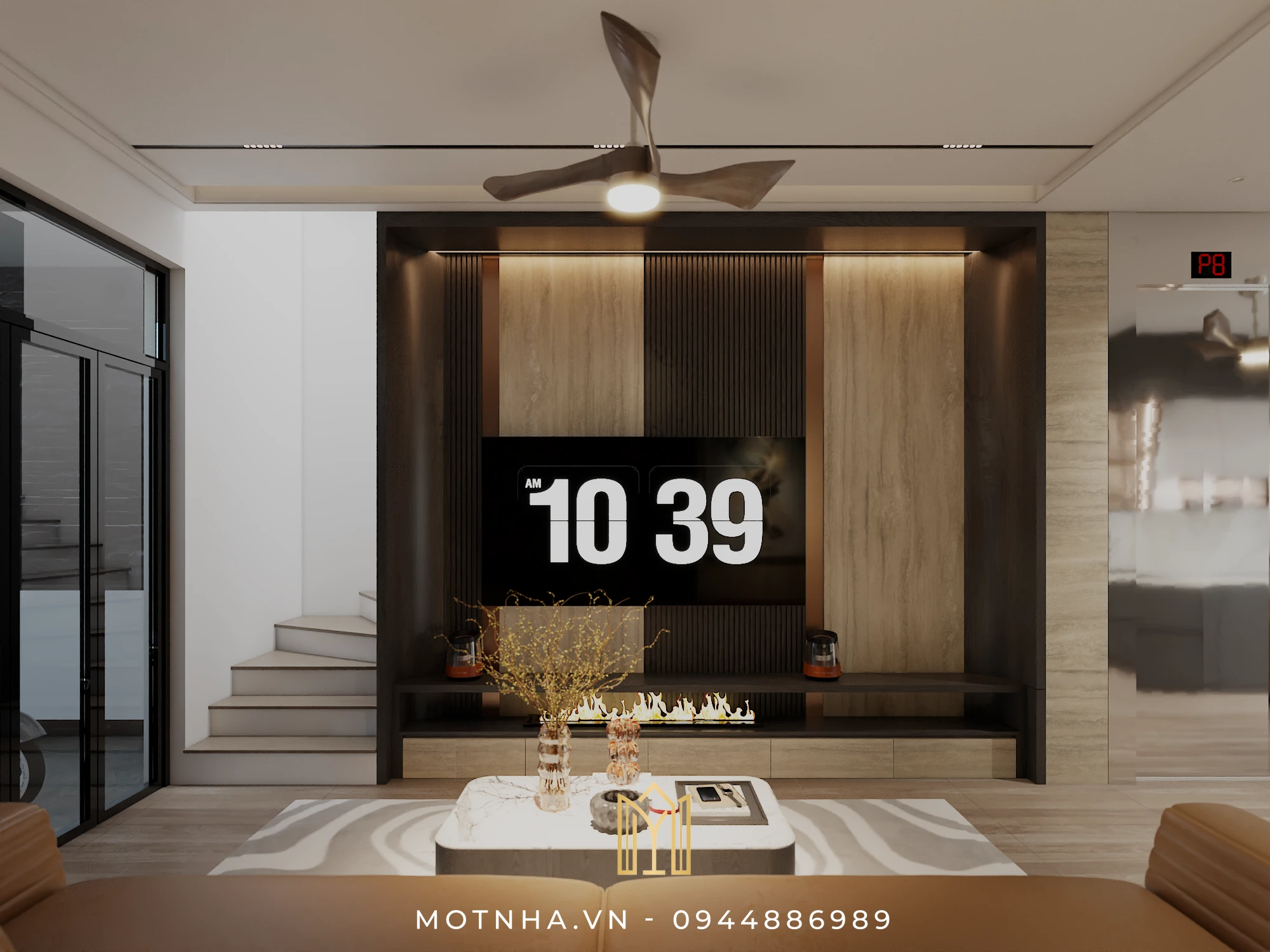 Dự án thiết kế và thi công nội thất nhà phố 3 tầng phong cách hiện đại HHS tại KĐT Shinning City Kệ TV thiết kế tối giản, sử dụng đá vân mây kết hợp đèn led âm, tạo chiều sâu cho không gian tiếp khách.
