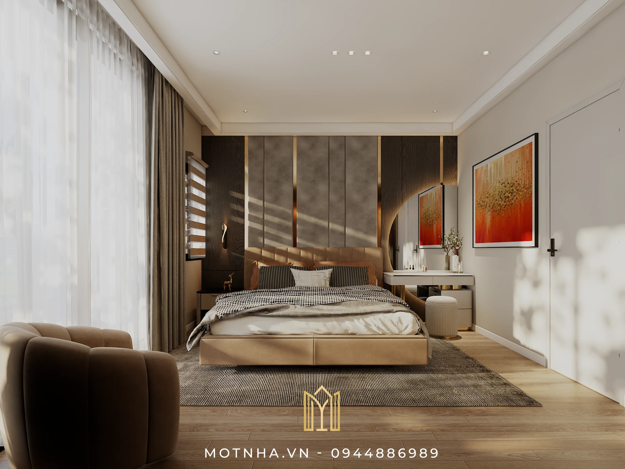 Dự án thiết kế và thi công nội thất nhà phố 3 tầng phong cách hiện đại HHS tại KĐT Shinning City Phòng ngủ master sang trọng với tường đầu giường ốp nỉ và ánh kim, tông màu nâu – xám đầy tinh tế.