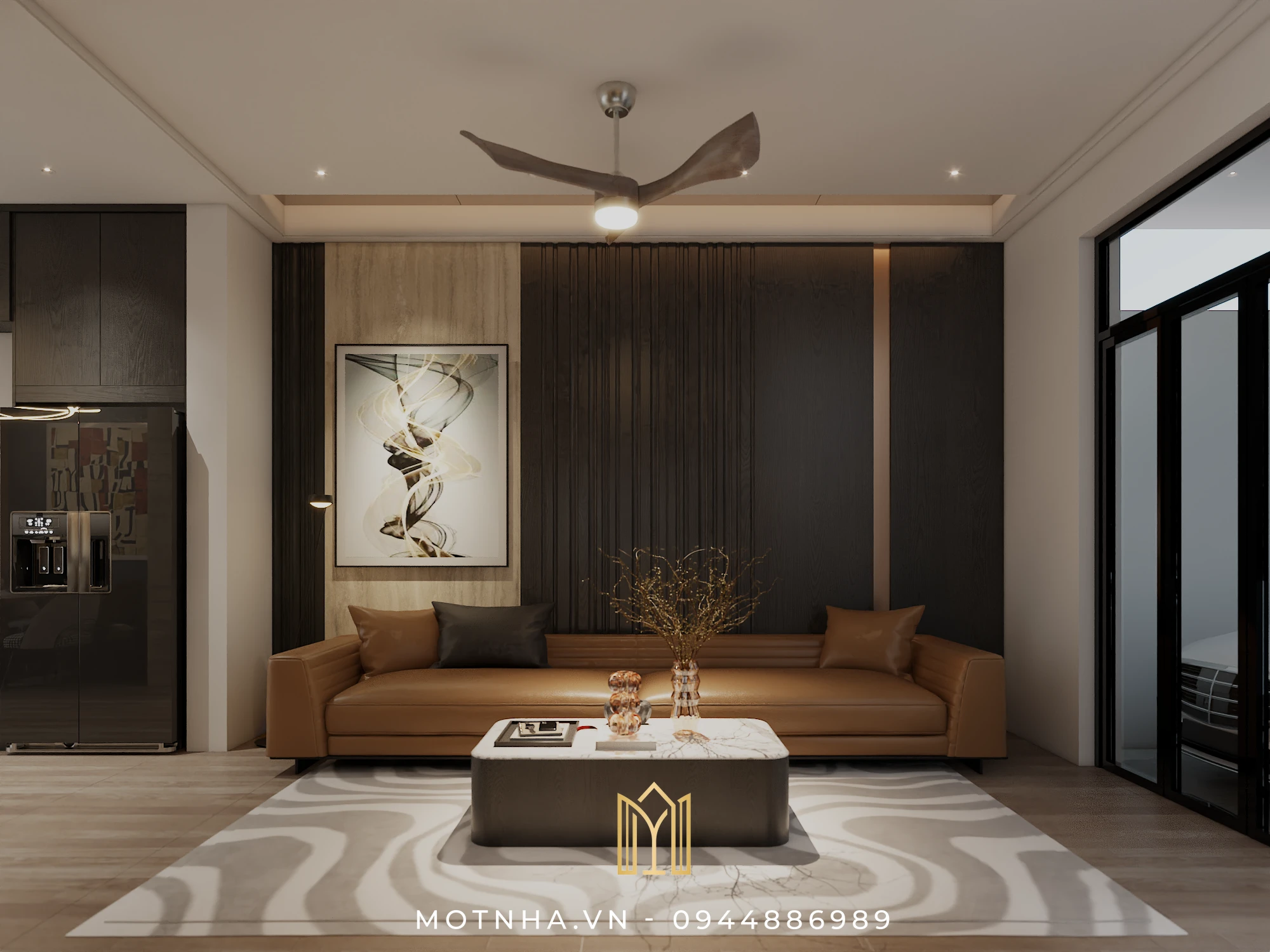 Dự án thiết kế và thi công nội thất nhà phố 3 tầng phong cách hiện đại HHS tại KĐT Shinning City Không gian phòng khách hiện đại với sofa da caramel, bàn trà đá khối và kệ TV ốp đá vân mây sang trọng.