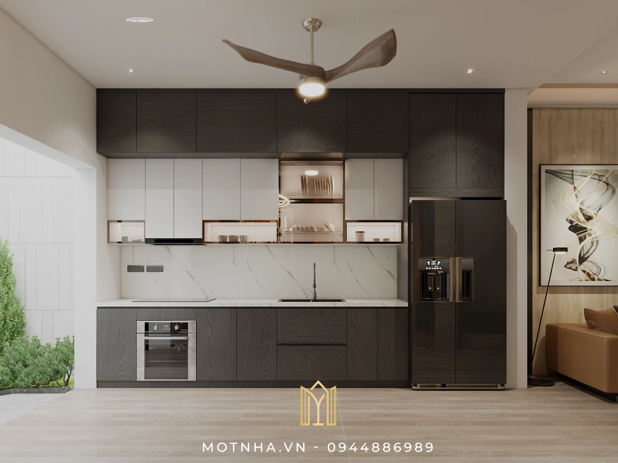 Dự án thiết kế và thi công nội thất nhà phố 3 tầng phong cách hiện đại HHS tại KĐT Shinning City Tủ bếp chữ I hiện đại, tone trắng – gỗ tương phản, kết hợp mặt đá vân mây vừa bền đẹp vừa dễ vệ sinh.
