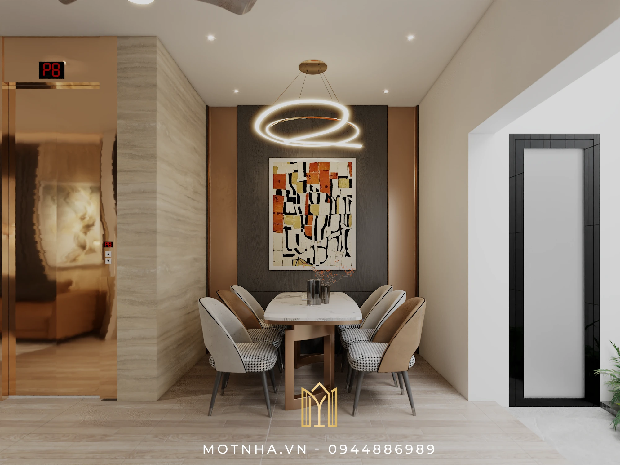 Dự án thiết kế và thi công nội thất nhà phố 3 tầng phong cách hiện đại HHS tại KĐT Shinning City Không gian ăn uống ấm cúng với bàn ăn 6 chỗ, tranh nghệ thuật trừu tượng và đèn thả xoắn độc đáo.