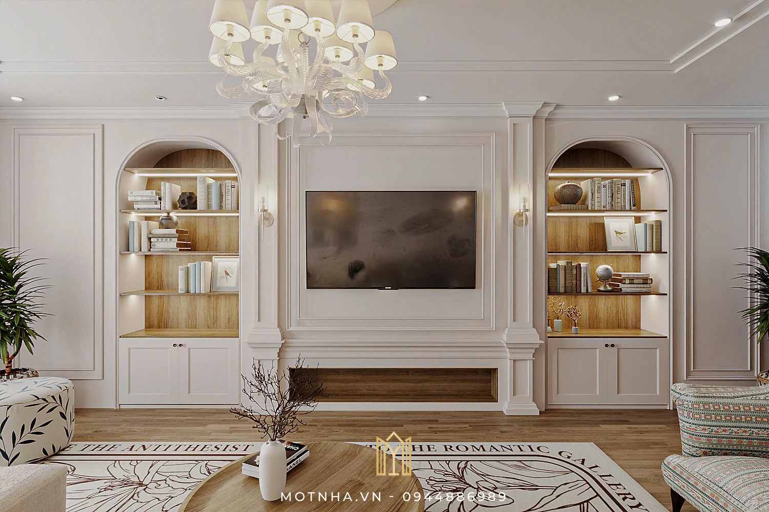 Dự án thiết kế và thi công nội thất phong cách Tân cổ điển PVC tại TP Sơn La Một Nhà Design & Build đã khéo léo thiết kế kệ tivi kết hợp tủ sách tạo điểm nhấn cho không gian