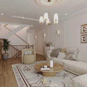 Phòng khách nổi bật với phào chỉ tường, đèn chùm pha lê và bộ sofa màu kem nhẹ nhàng, kết hợp bàn trà gỗ tròn đơn giản mà tinh tế.
