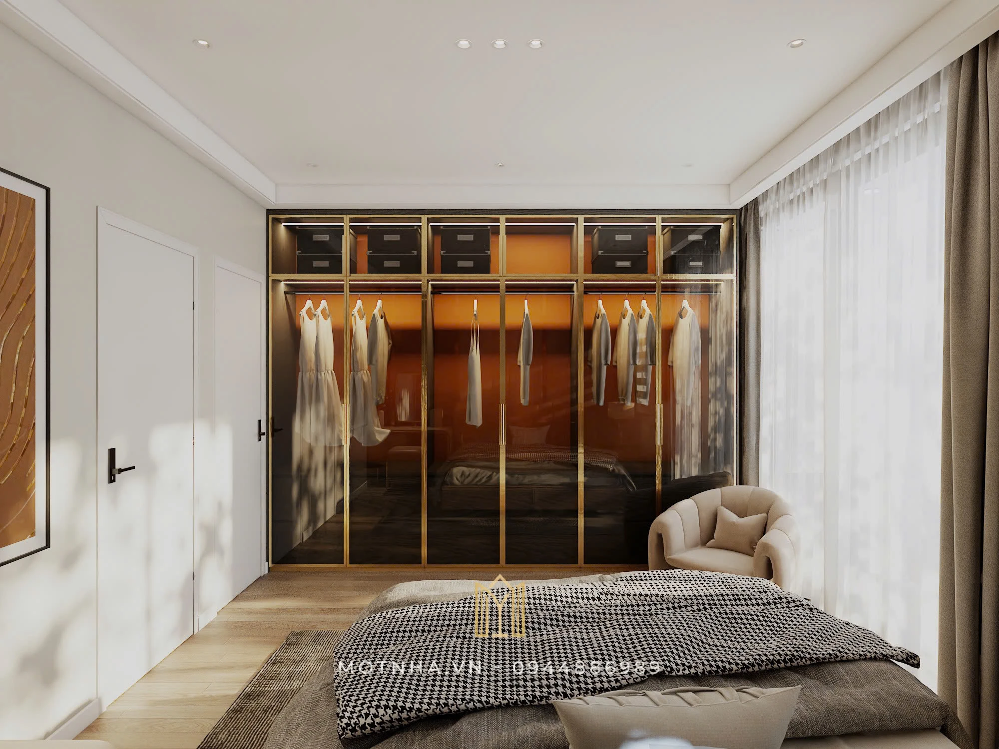 Dự án thiết kế và thi công nội thất nhà phố 3 tầng phong cách hiện đại HHS tại KĐT Shinning City Tủ quần áo kính hiện đại, tích hợp đèn led giúp dễ quan sát và nâng cao giá trị thẩm mỹ cho phòng ngủ.