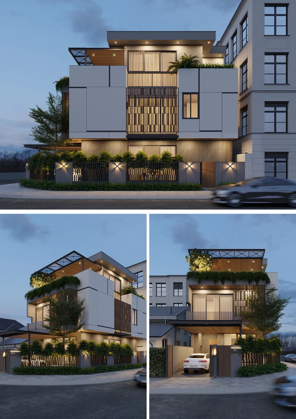 Biệt thự 3 tầng hiện đại với thiết kế tối giản, sử dụng vật liệu cao cấp và hệ lam gỗ trang trí độc đáo, nổi bật giữa góc phố khi lên đèn.