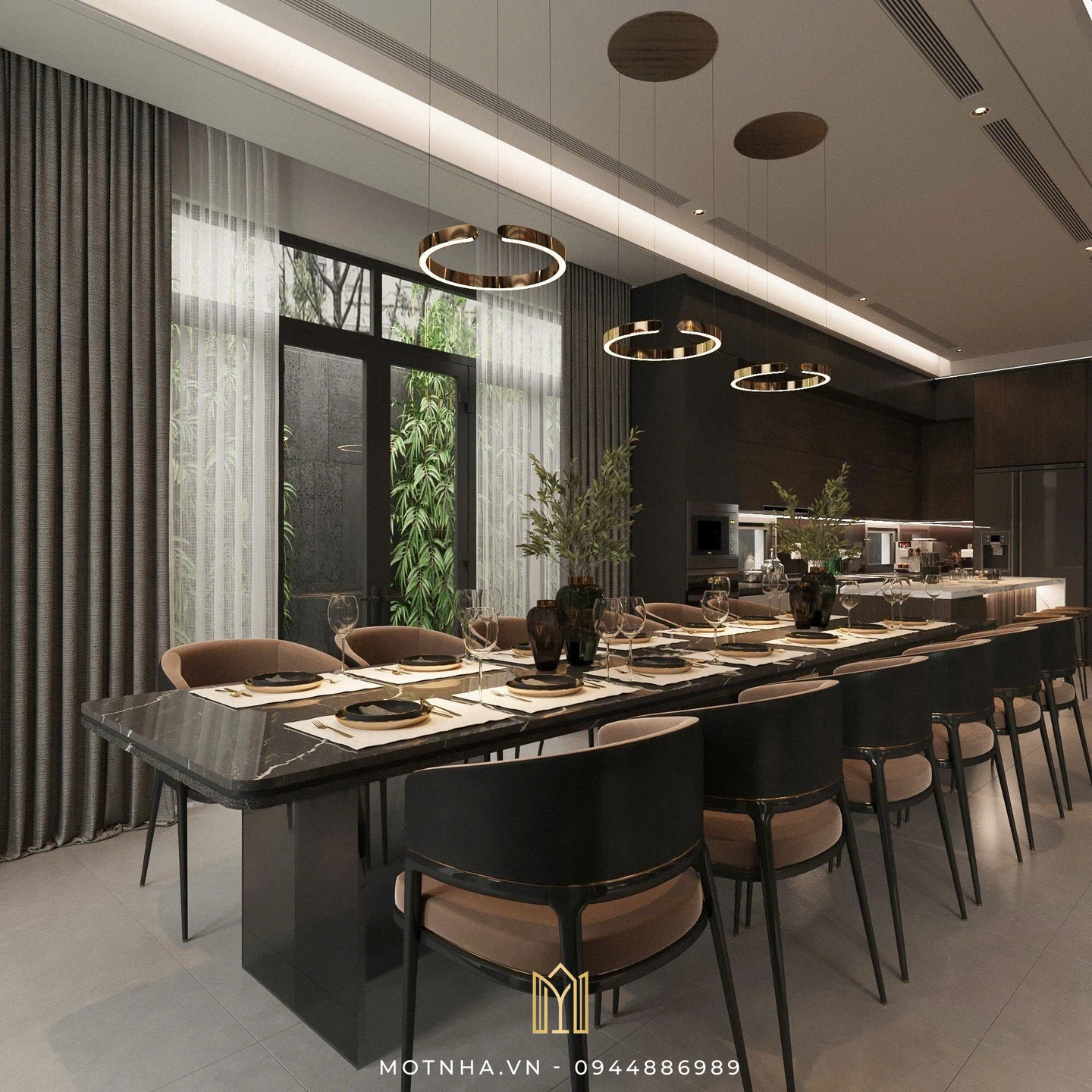 Phòng ăn hiện đại với bàn ăn lớn dành cho đại gia đình